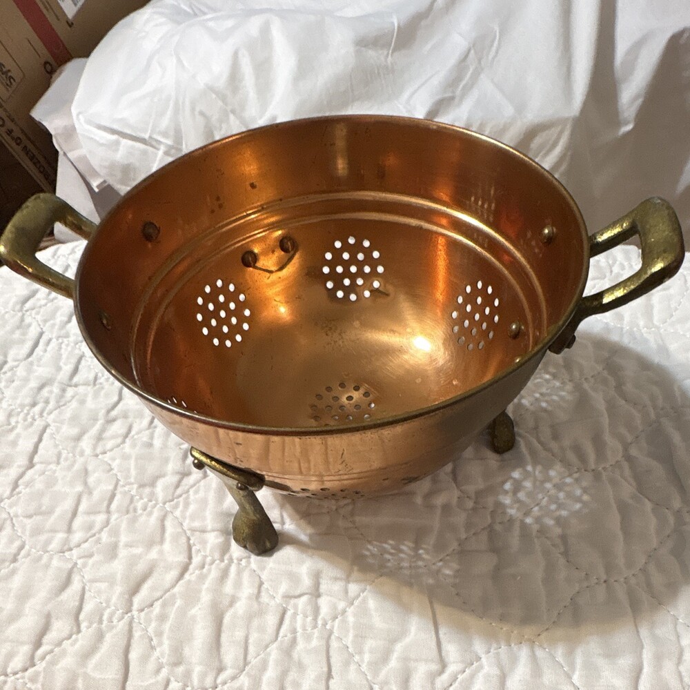 Vintage Copper Small Footed Colander Strainer w/ Brass Handles 7.5”